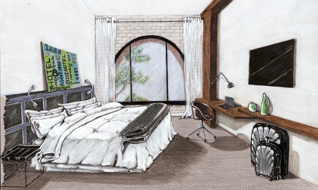 An artists' impression of a bedroom at Hotel 1888
