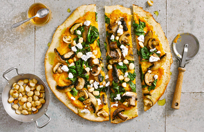 The irresistible vegan pizza recipe - creamy pumpkin topped with spinach, mushrooms and toasted macadamia - Letizza Bakery